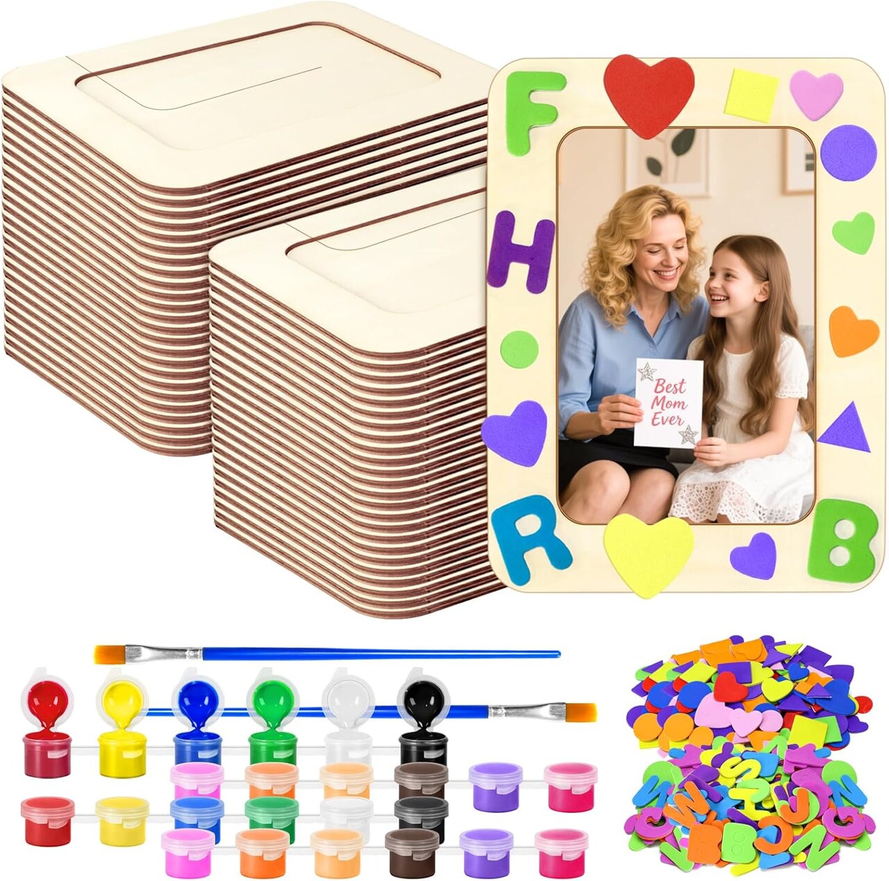 24-Pack Wooden Picture Frames for Crafts – DIY Painting & Decorating Kit for 4" x 6" Photos with Paints, Brushes & Stickers, Perfect Birthday & Mother’s Day Gift